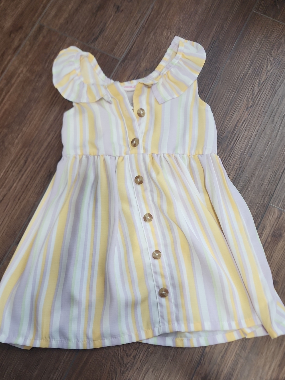 Girls Yellow Striped Button-Front Dress with Ruffle Collar